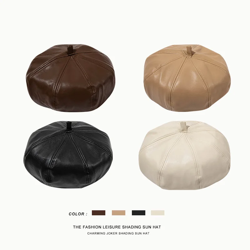 Women Pu Leather Beret French Artist Spring Beanie Hat Cap Vintage Plain Beret Hats Solid Color Elegant Lady