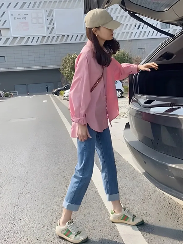 

Chic Pink Shirt Women's Spring Fashion Retro Hong Kong Style Beautiful Elegant Small Top Button up Long Sleeve Loose Fit