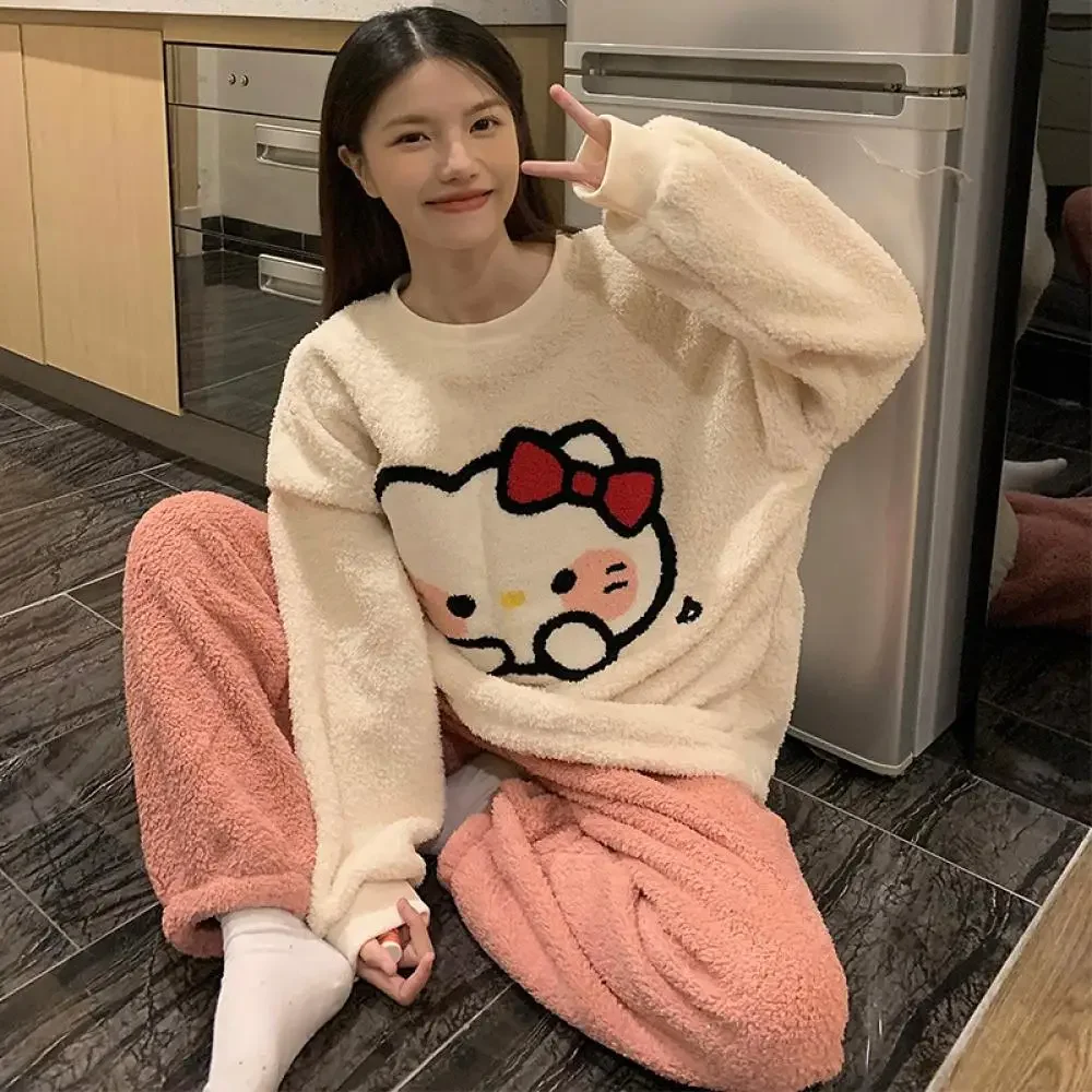 Cute Women Pajamas Suit Hello Kitty Cinnamoroll Sanrioed Anime Kawaii Plush Spring Cartoon Coral Fleece Homewear Warm Nightwear