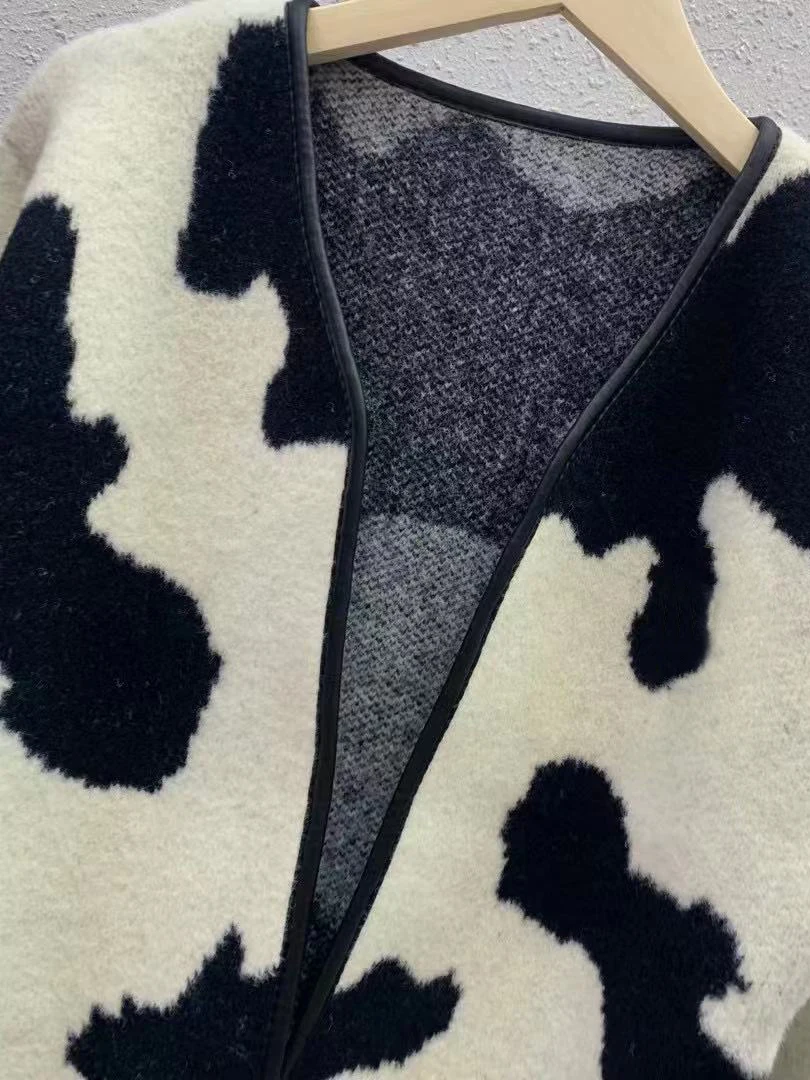 2024 Spring Gothic Wool Knitted Y2K Short Coats Fashion Color Block Long Sleeve Woman Cow Cardigan Jackets C-142