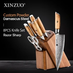 XINZUO 8 Piece Set Knife Holder Set with Sharpener Kitchen Scissors Power Damascus Steel Cooking Tools Olive Wood Handle