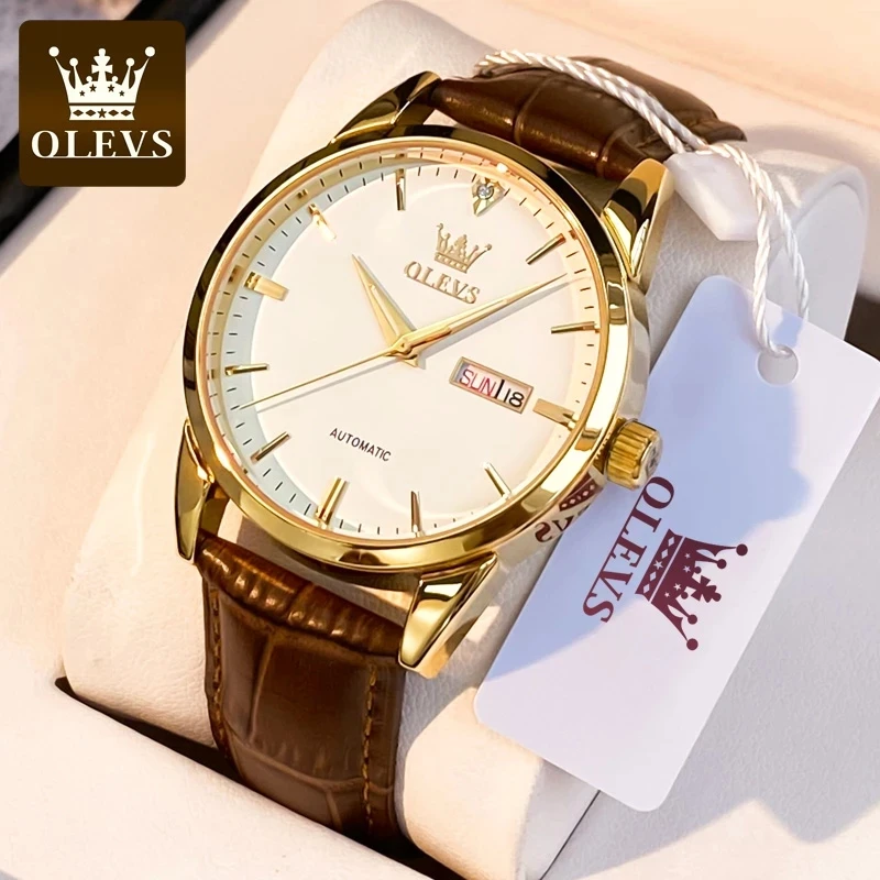 

OLEVS Top Brand Quartz Watch for Men 6898 Leather Strap Waterproof Wristwatch Date Week Display Popular Casual Dress Men Watch