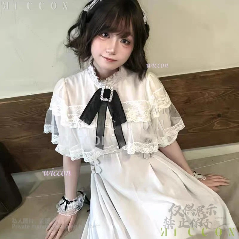 أنيمي اليابانية الحلو الحجاب عباءة جيراي كي طبقة مزدوجة فستان الدانتيل مع بروش الفتيات الحلو Y2k Kawaii مزاجه الصلبة الخامس فستان-u