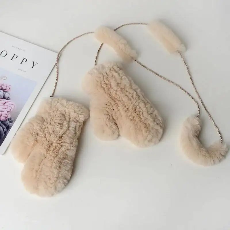 قفازات شتوية نسائية من فراء أرنب ريكس الحقيقي محبوكة دافئة وناعمة من الفرو الطبيعي إكسسوارات عصرية للسيدات #3