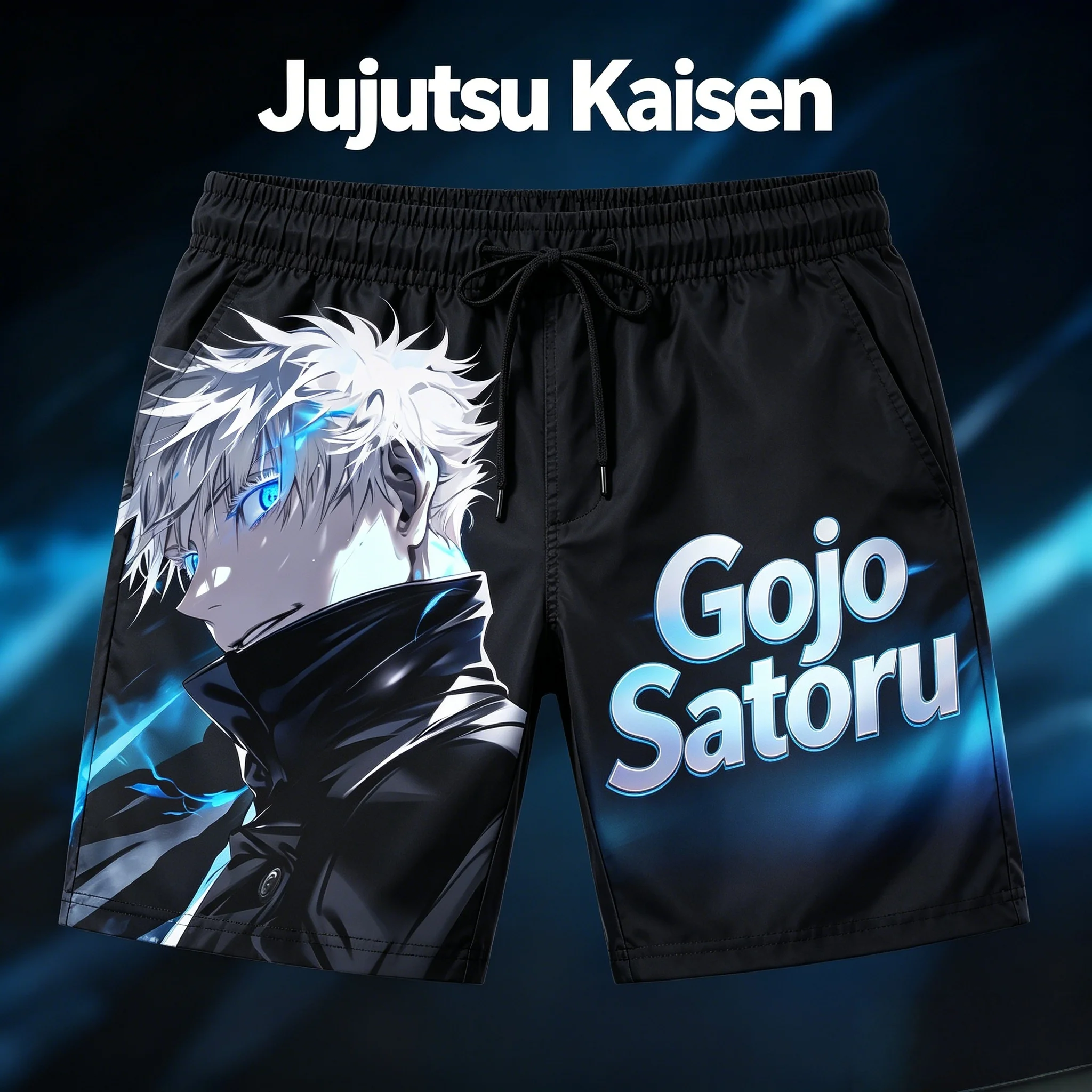 2026 Summer Jujutsu Kaisen Gojo Satoru All Over Print Quick Dry Sports Shorts, Blue Glow Anime Character Mesh Gym Shorts