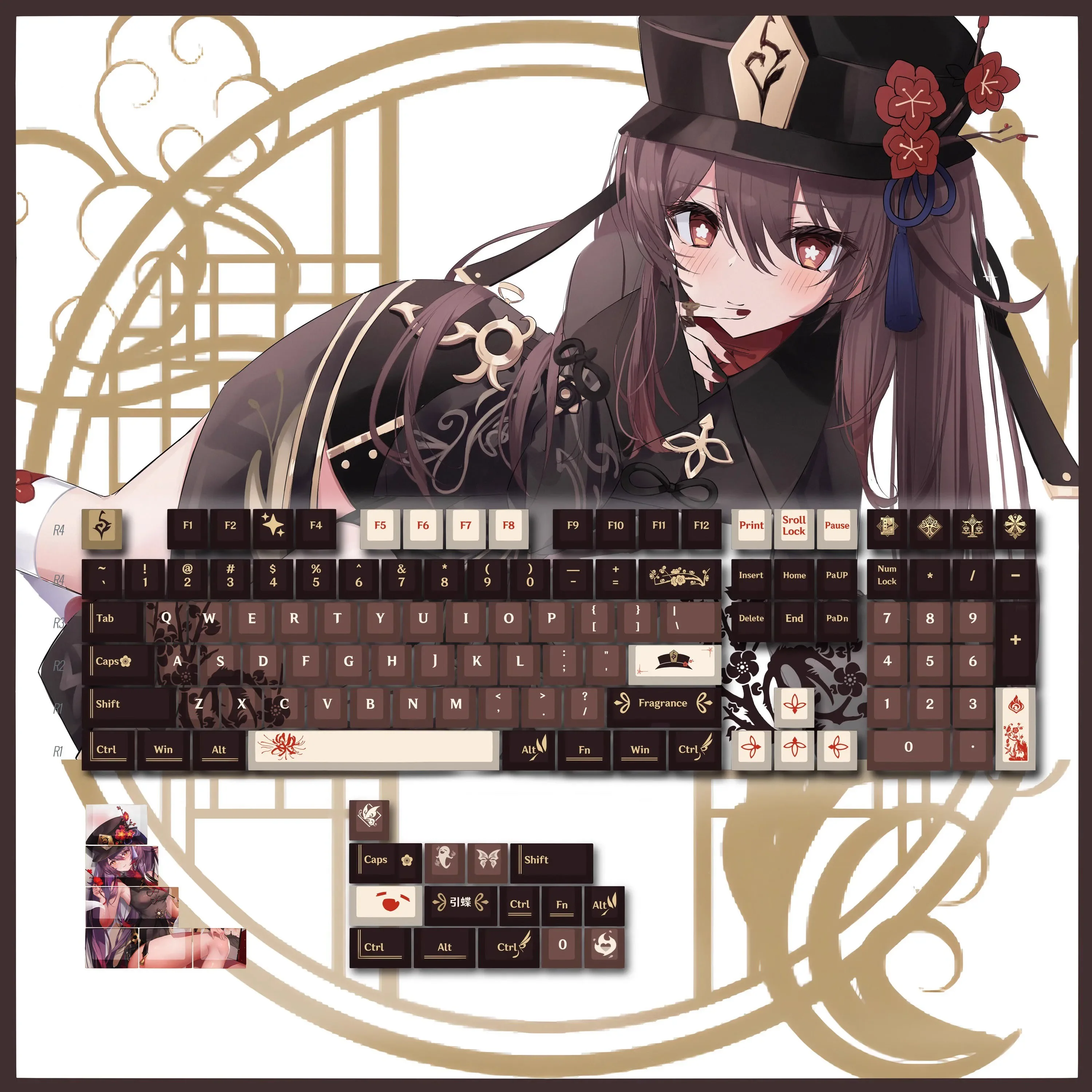 Genshin Impact Hu Tao Keqing Keycap Animation anime with Wireless Backlit Mechanical Keyboard and Human Surroundings