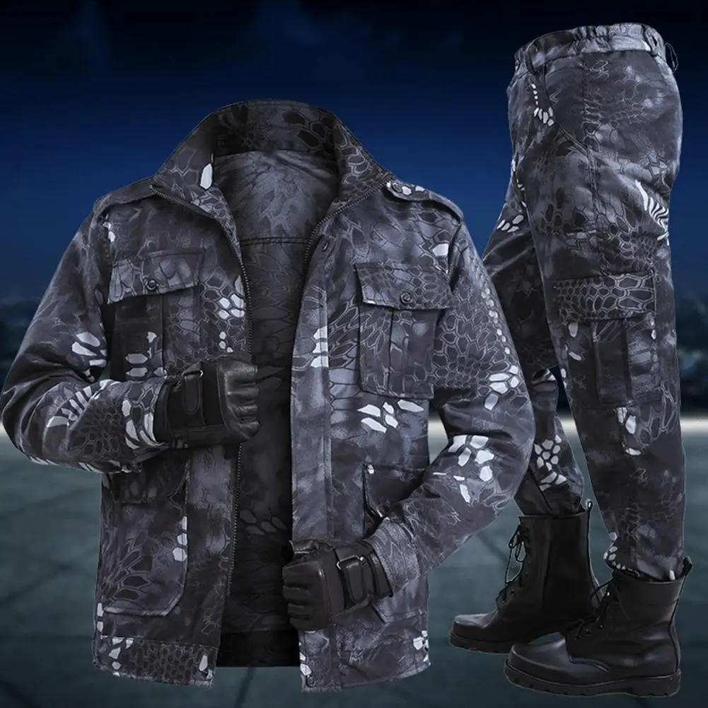 Men Suit Two-piece Set Wear Resistant Zipper Fly Camouflage Epaulet Decor Sports Suit Outdoor Suit Sweat Absorption