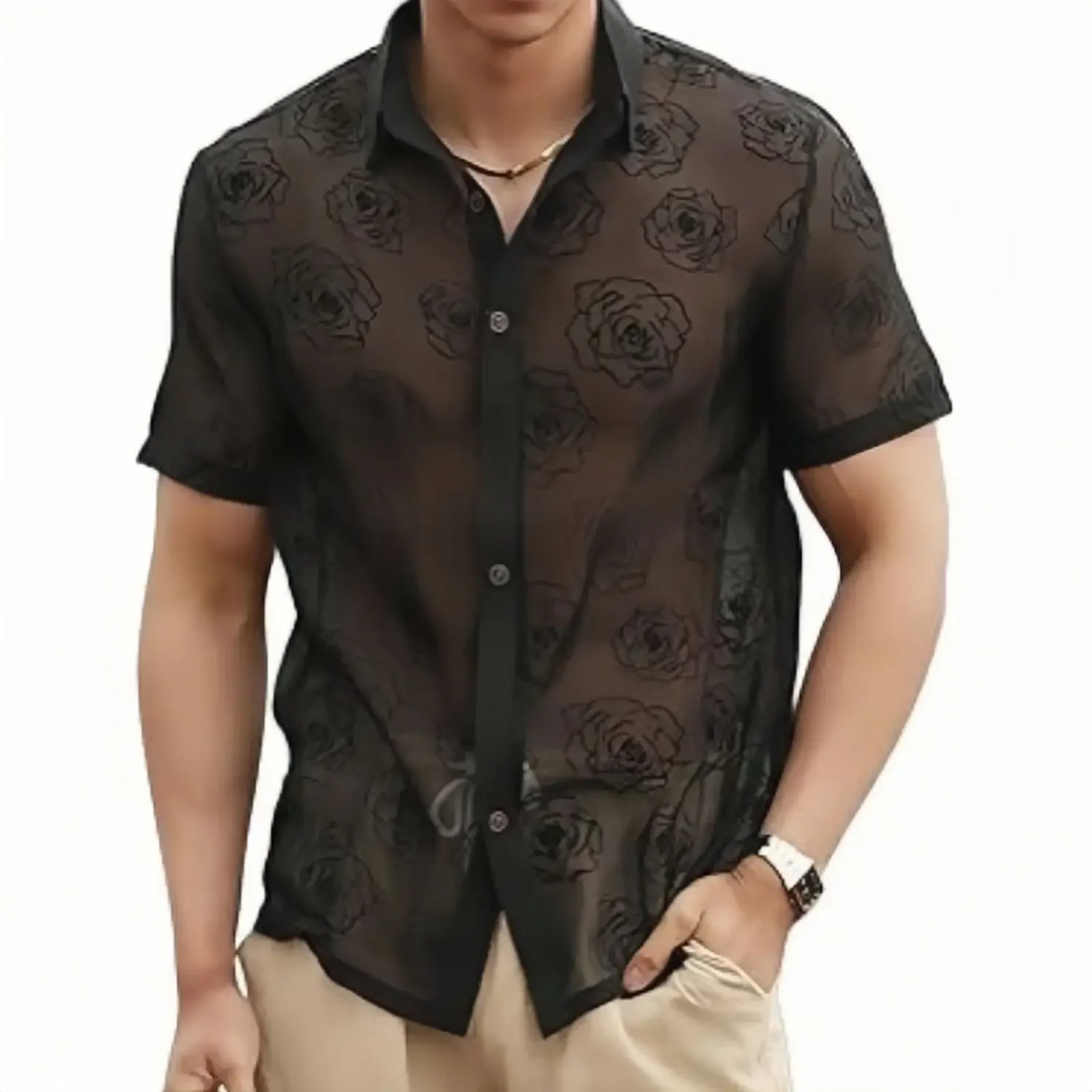 Summer New Men's Fashion Transparent Short Sleeve Shirt Casual Fashion Sex Appeal Button Hollow Out Fallow Go on Holiday Shirt