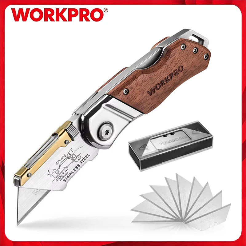 Faca Utilitária Dobrável WORKPRO WP211014 com Troca Rápida, Cabo de Madeira Durável e Lâmina SK5 com Trava Traseira para Projetos de Armazém e Envio Expresso