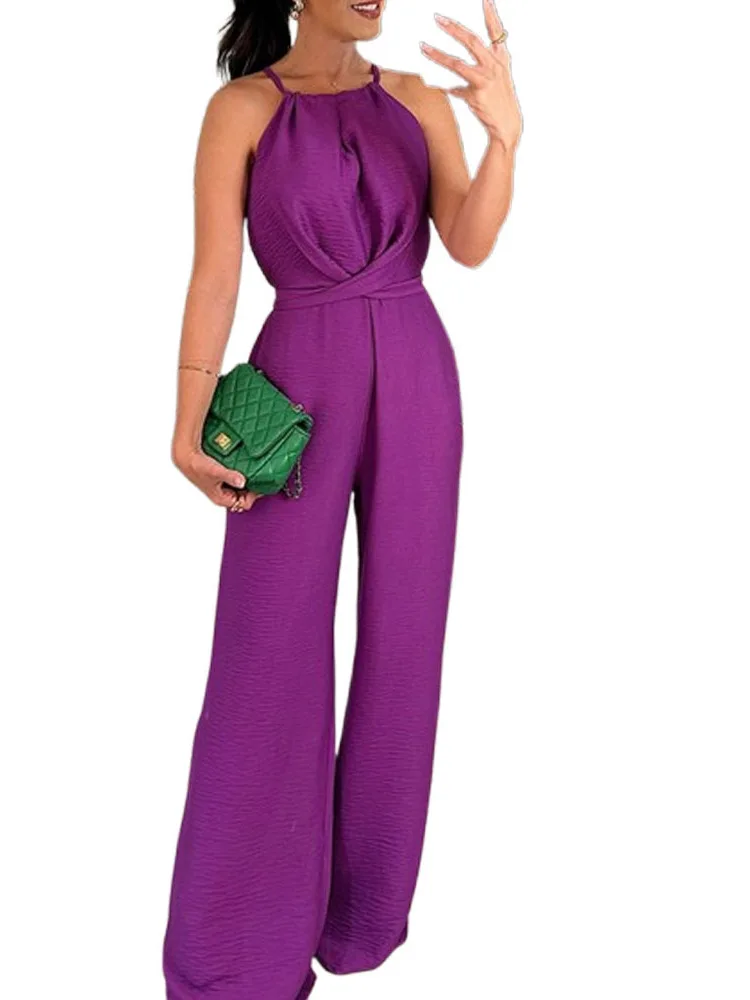 Verão nova cor pura feminina sve sexy fino ajuste pendurado ne cintura cinching calças de uma peça com cinto cintura baixa calças compridas