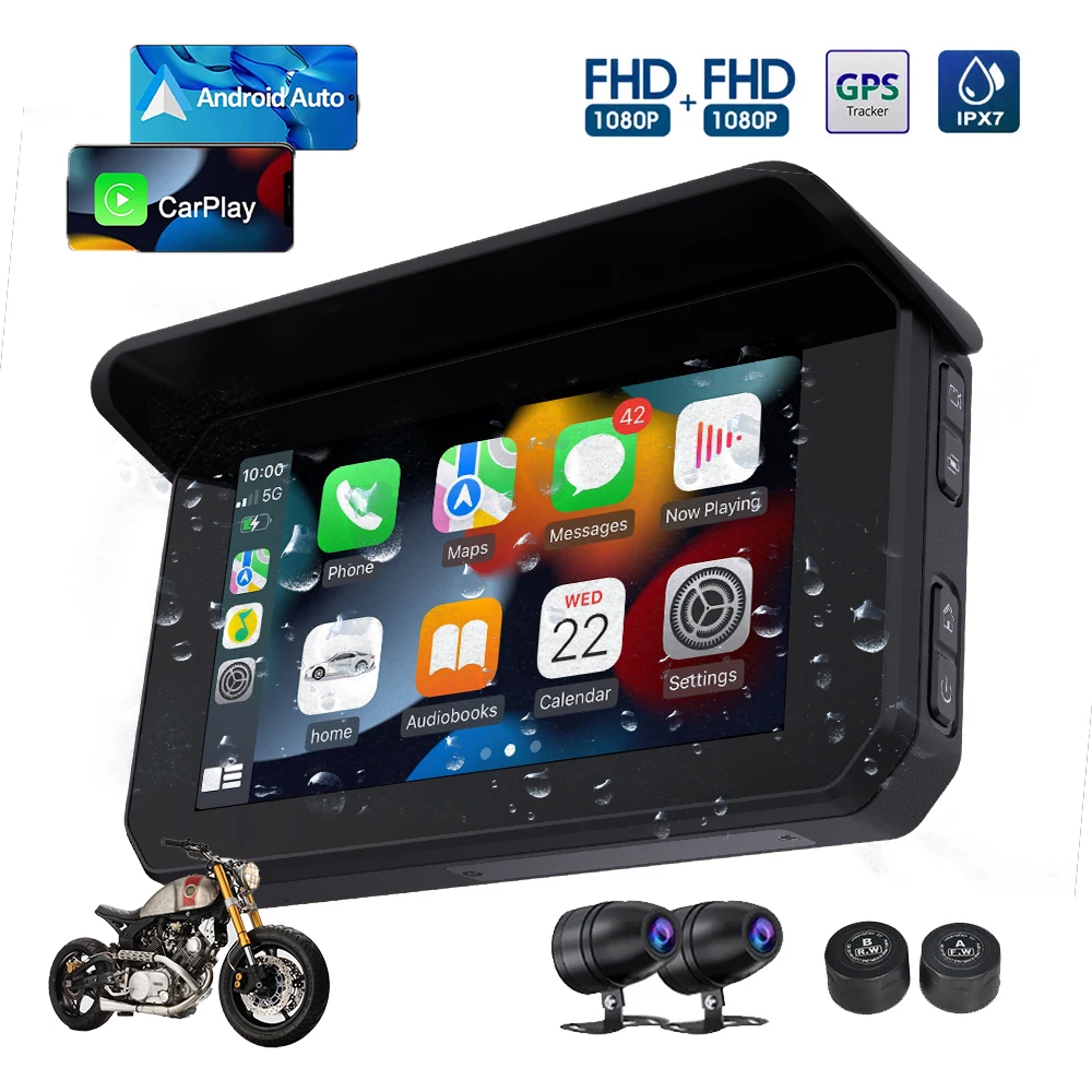 

5 Inch Portable Touch Screen GPS Navigator for Motorcycles Cars Wireless CarPlay Android Auto Tire Pressure ing T65