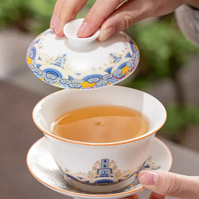 China gaiwan porcelain tureen Chinese cup bowl with saucer lid under glaze new