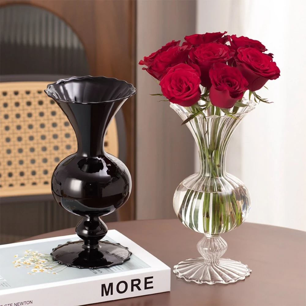 Modern Flower Vase with Ruffled Rim Transparent Flower Arrangement Bottle Living Room Office Desktop Decoration Ornaments