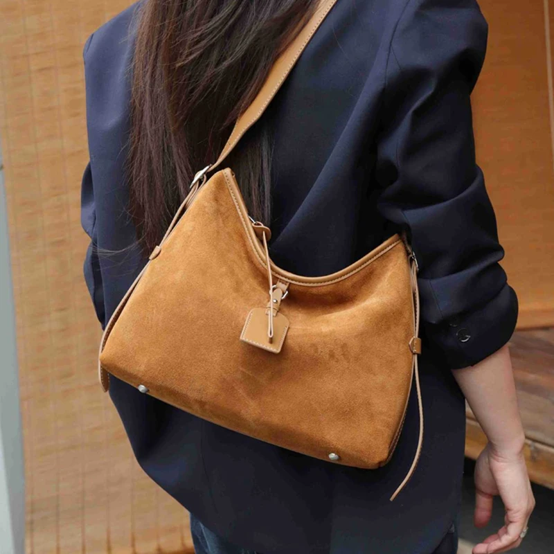 

Burminsa Cowhide Suede Genuine Leather Hobo Shoulder Bags For Women 2025 Luxury Designer Messenger Tote Bucket Ladies Handbags