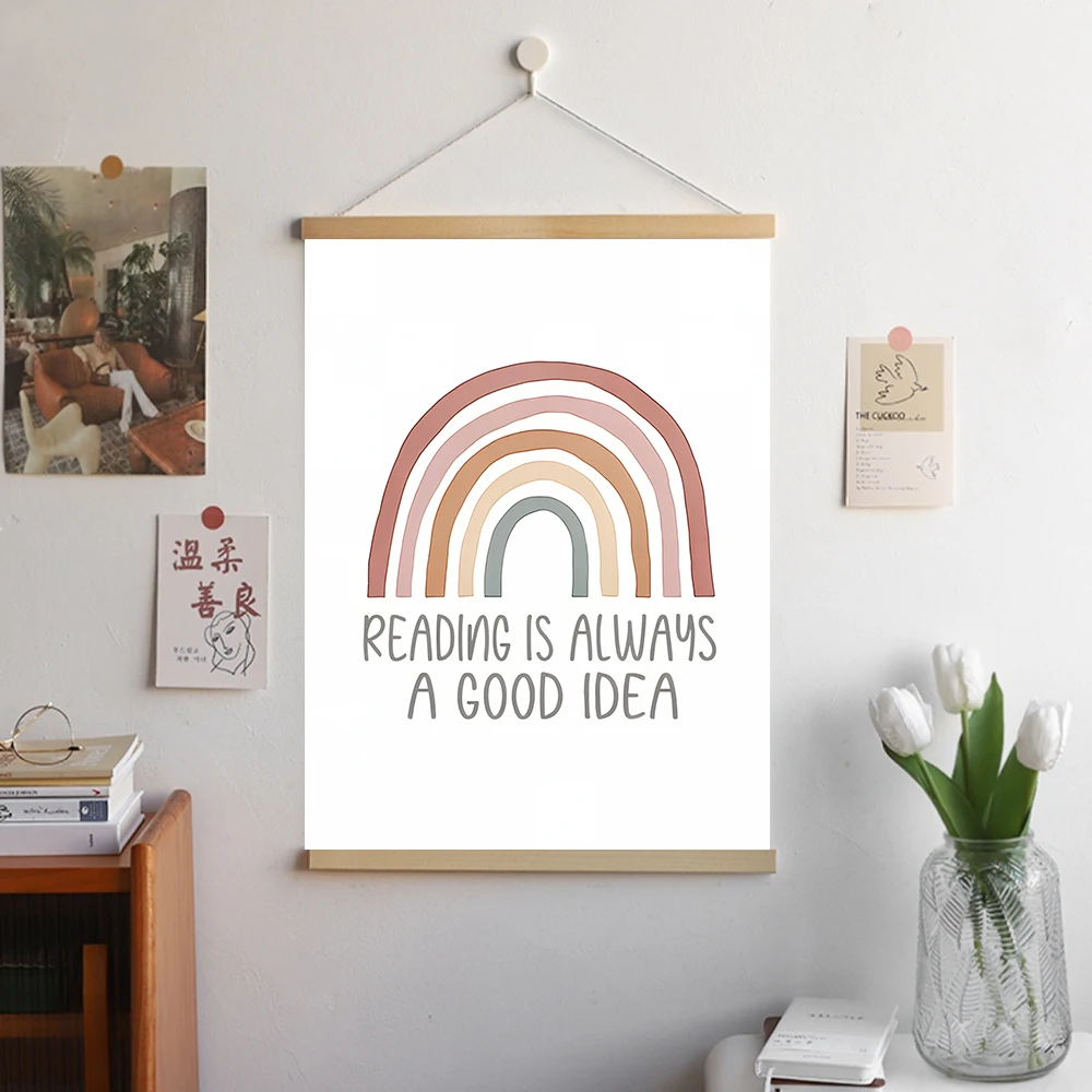 Solid Wood Hanging Boho Rainbow Scroll Wall Art - 'Let's Read' Prints for Reading Nook, Classroom, Home Decor Living Room Accent