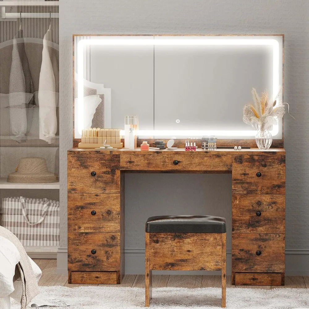 Dressing Table Set with Large LED Illuminated Mirror and Power Socket, Dressing Table with Storage Stool Bedroom Furniture