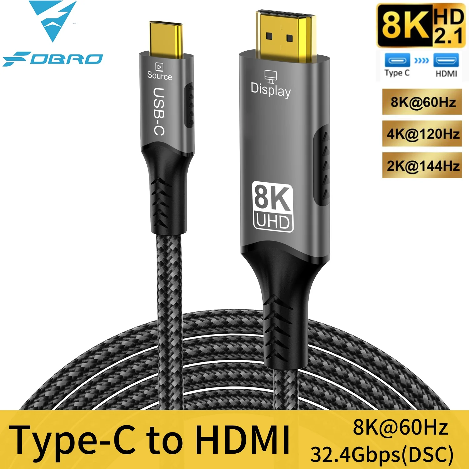 8K Type-C to HDMI Cable Unidirectional Video and Audio Transmission Nylon Braided 8K@60Hz 4K@120Hz Suitable for Laptops Phones