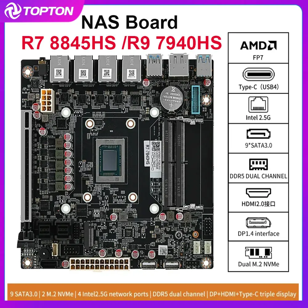 AMD 4x i226-V 2.5G LAN 9-Bay NAS Motherboard Ryzen 7 8845HS 7940HS USB4 9xSATA3.0 2xM.2 NVMe PCIE X16 2xDDR5 17X17 ITX Mainboard