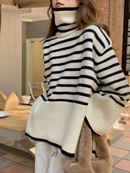 Jmprs Striped Vintage Turtleneck Sweaters Women Casual Loose Slit Knitted Pullovers Korean Retro Lazy Wind Female Fall Jumpers