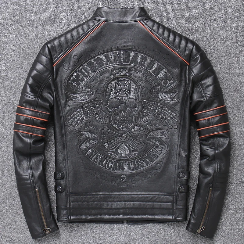 

shipping.DHL Free sales Brand plus size black men skull leather Jackets men's genuine Leather biker jacket.motorbiker coat