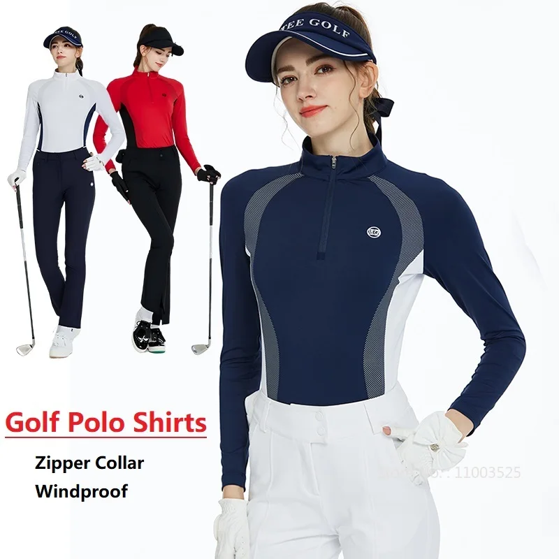 

BG Golf Women's Clothing Autumn Long-sleeved T-shirt Slim Zipper Collar Sports Top Female Fashion Contrast Color Jersey Tops