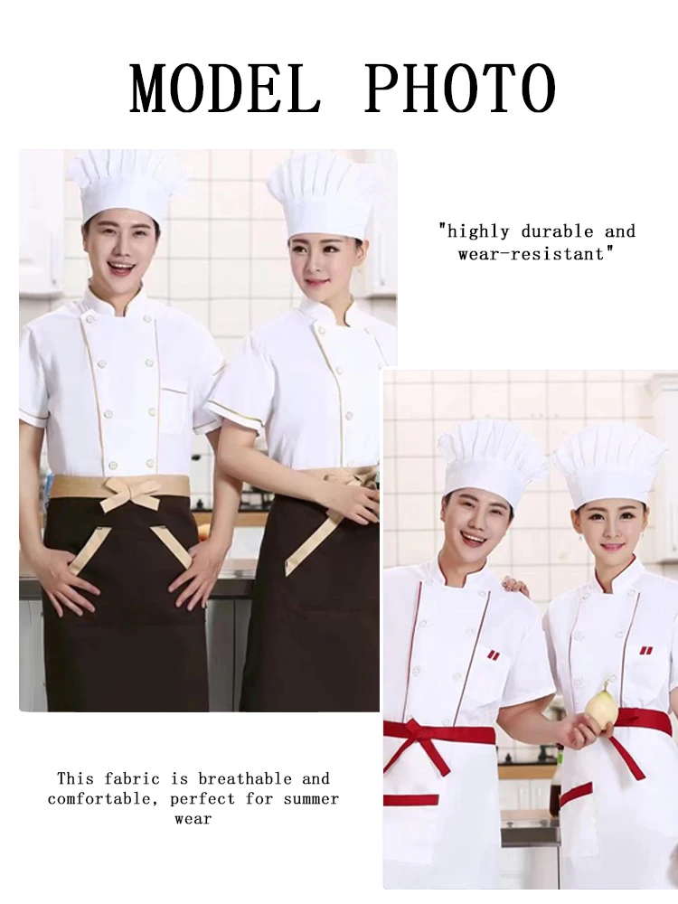 레드 트림 디테일이 있는 셰프 코트 - 남녀 공용 통기성 반팔 여름 유니폼, 호텔 및 레스토랑을 위한 스타일리시한 디자인