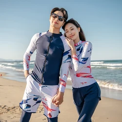 Rash Guard Women 5 Piece Swimwear Men Long Sleeve Shirt Pants Shorts White Print Beach Wear Wetsuit Lover Couples Bathing Suit