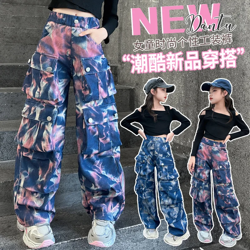 10 14 junior girls Casual tie-dyed Hip Hop cargo pants teen kids Dance Spodnie z szerokimi nogawkami ubrania dla dzieci Spodnie z wieloma kieszeniami