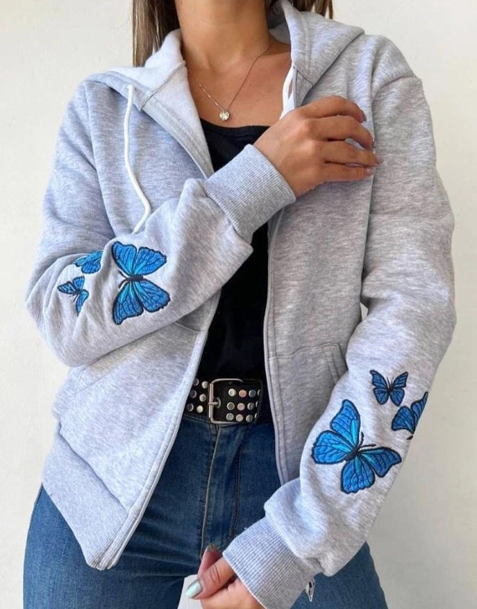 Women's butterfly printed long sleeved hooded drawstring cardigan casual jacket with pockets, fashionable and casual new style