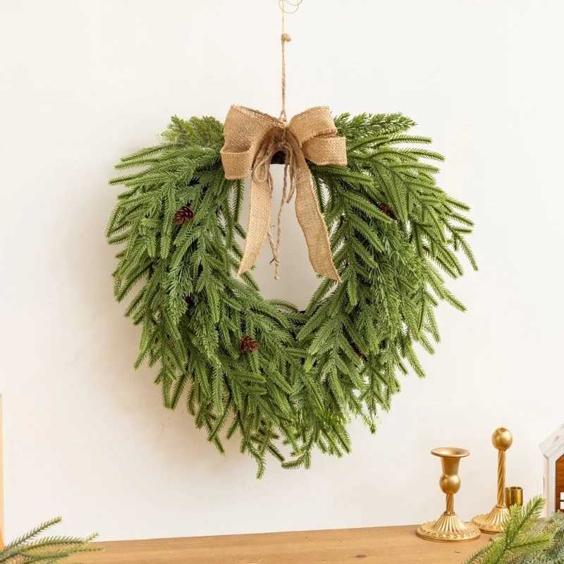 

Christmas Bow Pinecone Norfolk Pine Wreath Door Hanging Home Decor Artificial Green Plant