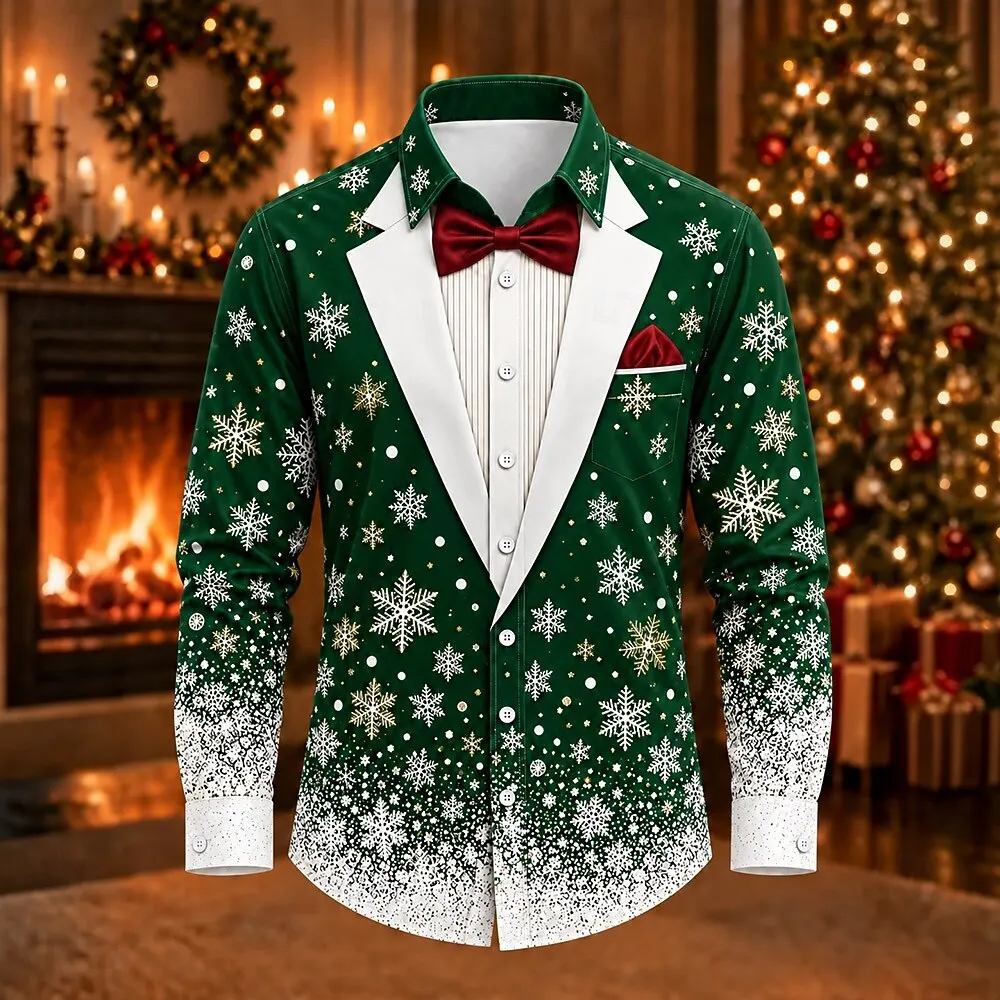 Casual Xmas Party Fake Tuxedo Snowflake Graphic Men Long Sleeve Shirt