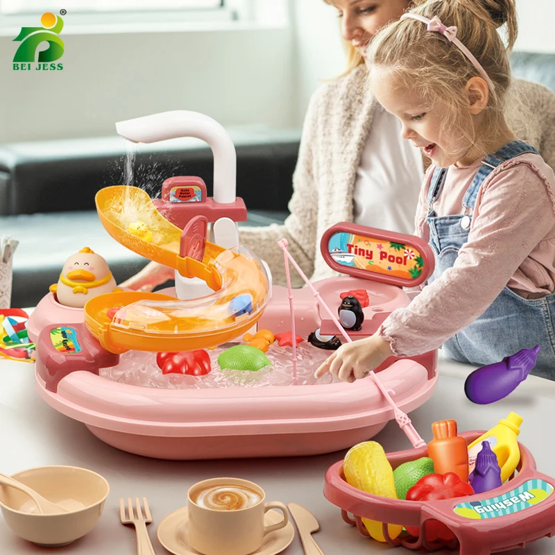 Children Electric Toy Sink Disheswash Water Simulation Food Fruit Kitchen Pretend Play Magnet Fishing Kids Education Toy Girl