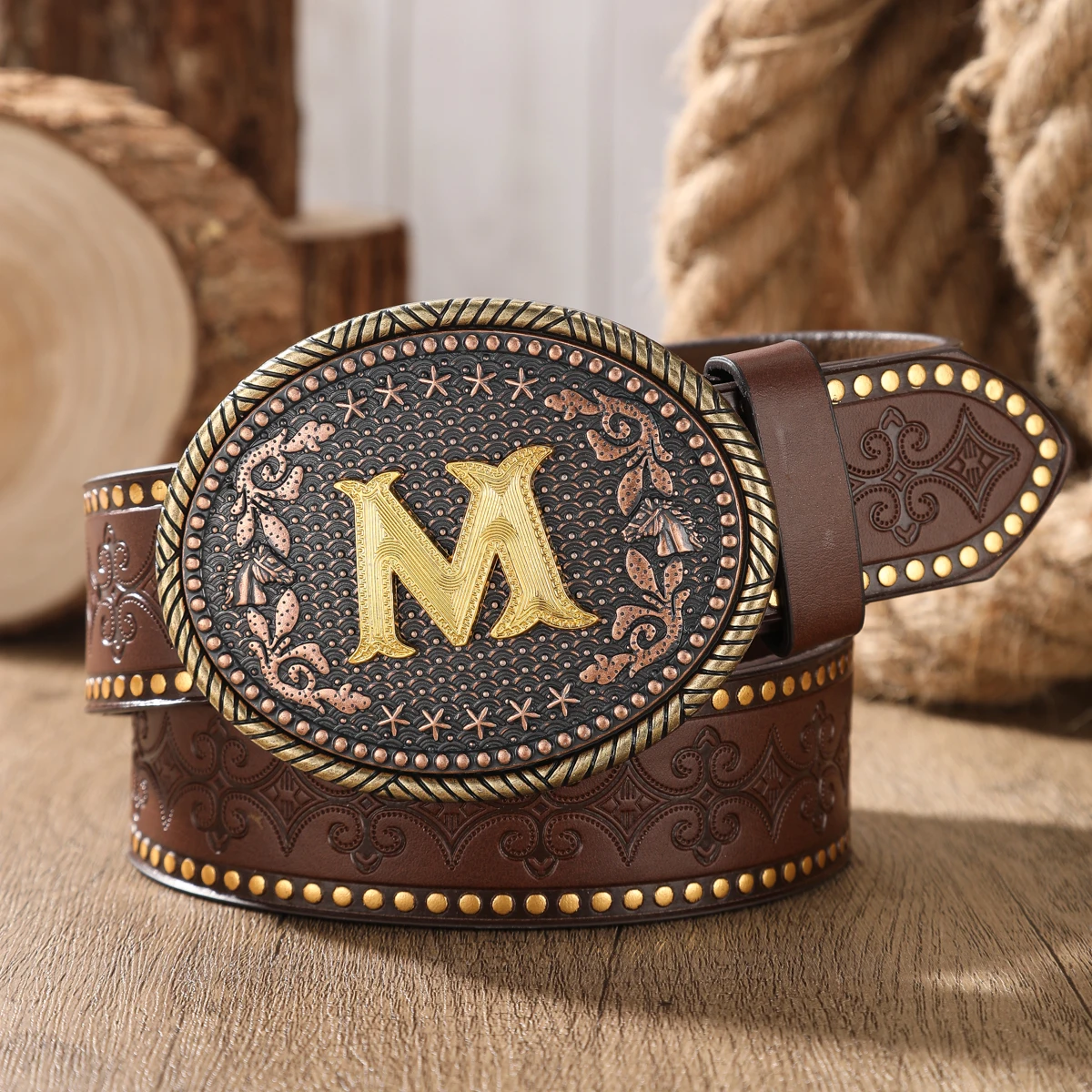 A Western Cowboy-Style Belt with a Vintage Large Buckle and PU Embossed Design. Suitable for Both Men and Women.