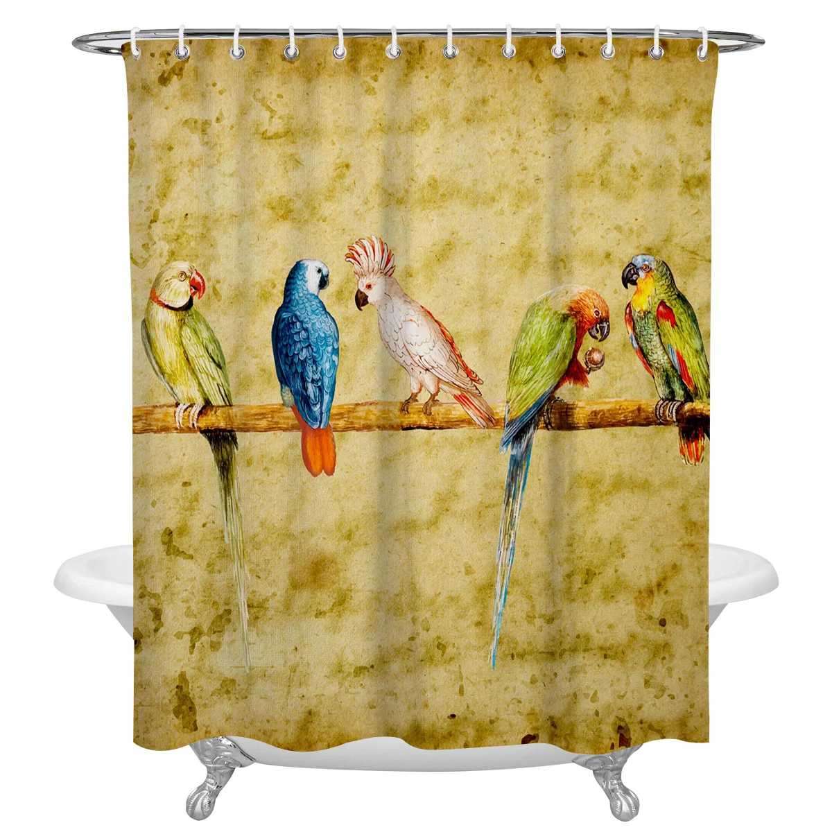 Spring Birds Parrot Retro Waterproof Bathroom Decoration Shower Curtain With Hook Printed Bathtub Curtains Bathroom Accessories