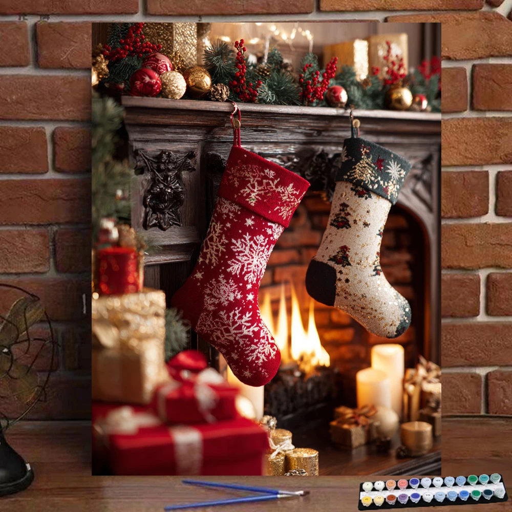 Painting by Numbers Christmas stockings by the fireplace Digital Painting Handmade Adult Children Gift Wall Decoration D