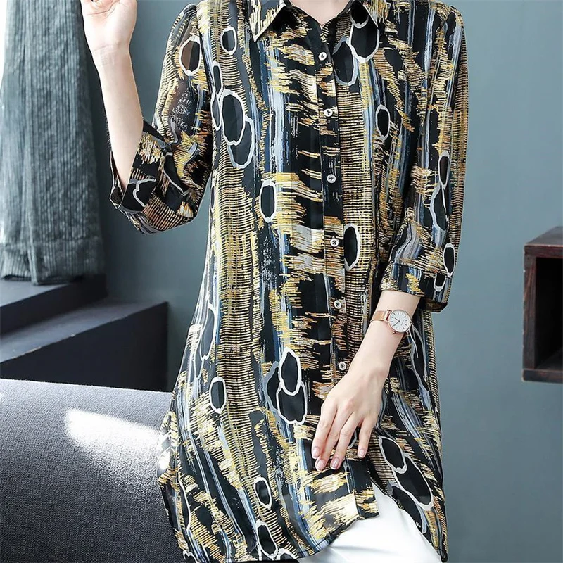 2023 New Female Chiffon Shirt High-end Loose Slim Shirt Jacket Mom Spring Korean Printed Medium And Long Coat Shirt women Shirt