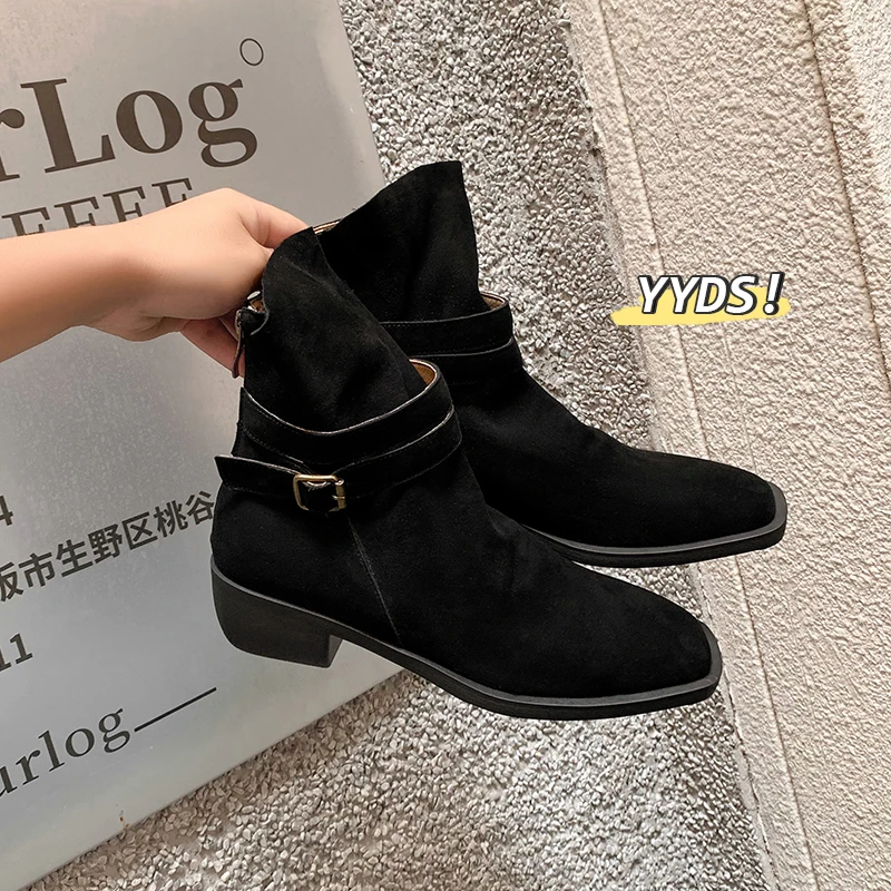 

2026 новые осенне-зимние женские ботильоны из натуральной кожи, детские замшевые ботинки 22-25 см с пряжкой на молнии сзади и квадратным носком, рыцарские сапоги