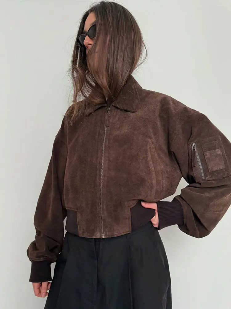 

HH Осенняя куртка для женщин Винтажная замшевая куртка-бомбер с длинными рукавами и лацканами на молнии Пальто Куртки Модная уличная верхняя одежда Y2K