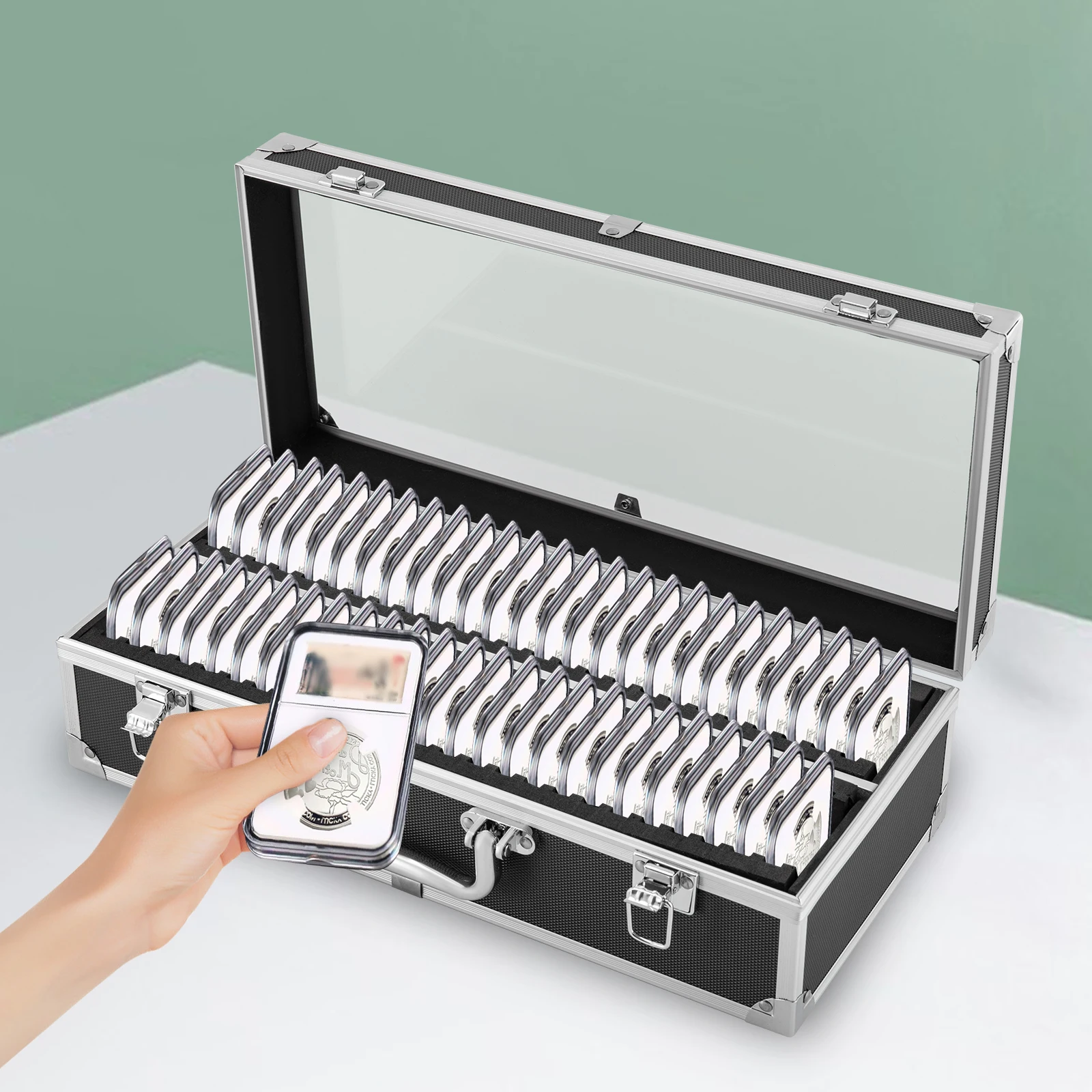 

Черный алюминиевый сплав, 50-элементный ящик для хранения монет, защитная коробка с двойной пряжкой, прозрачная крышка, коробка для демонстрации монет