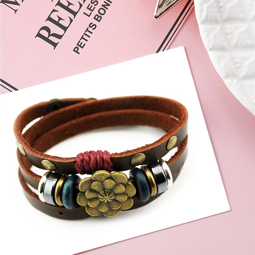 

Handmade Vintage Multilayer Brown Bracelet Lotus Flower Snap Button Wrap Bracelet Unisex Wristband for Couples