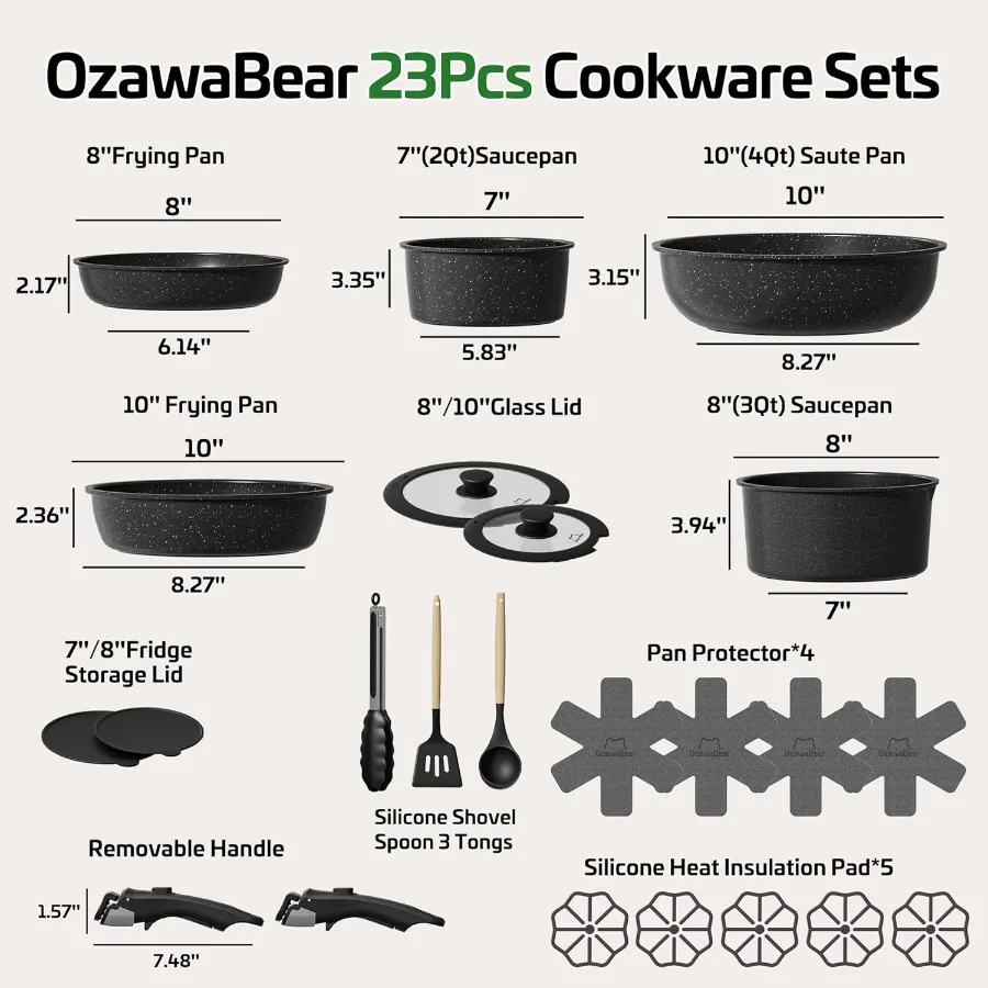 23 Pcs Pots and Pans Set Non Stick Ceramic Cookware Set Non Toxic with Detachable Handles for Healthy Cooking Induction Compati