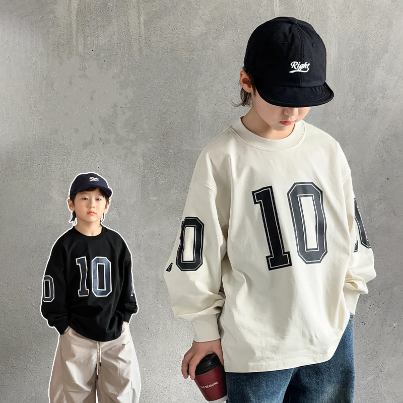 

New Autumn 3 To 14 Year Old Boy Sweatshirt with Letter Print Kids Child Casual Cotton Sweatershirt Outfit Beige Black Color