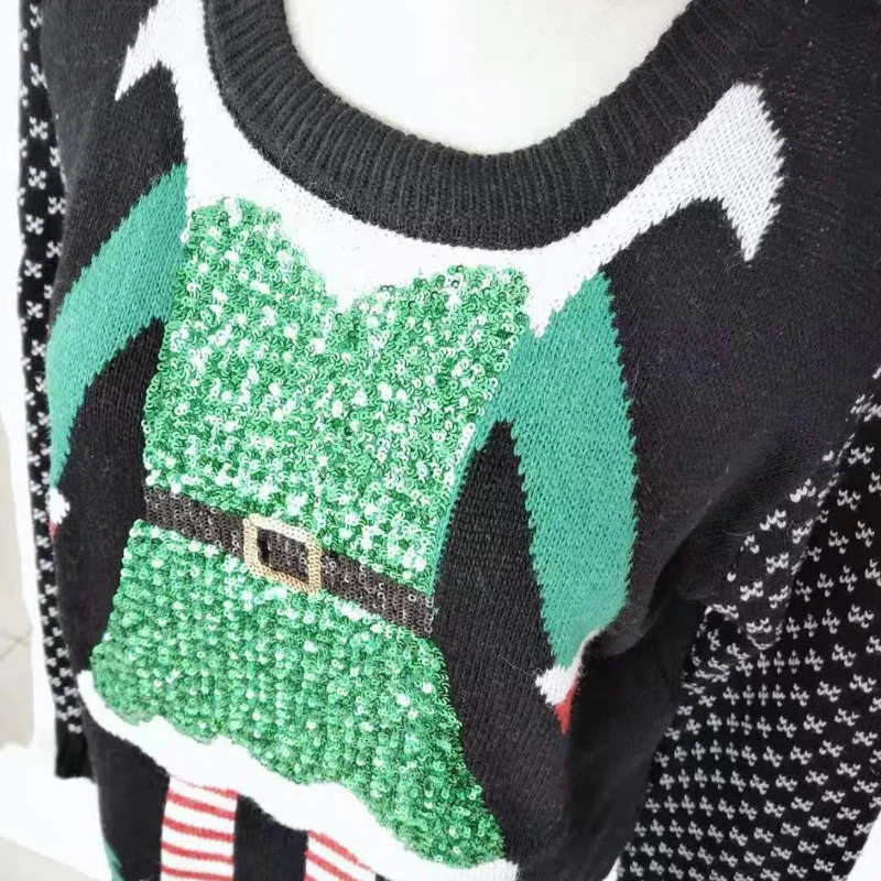 Ladies\' Christmas Santa Jacquard Sweater Cartoon Long Sleeve Pullover Color Block Knitwear Sueter