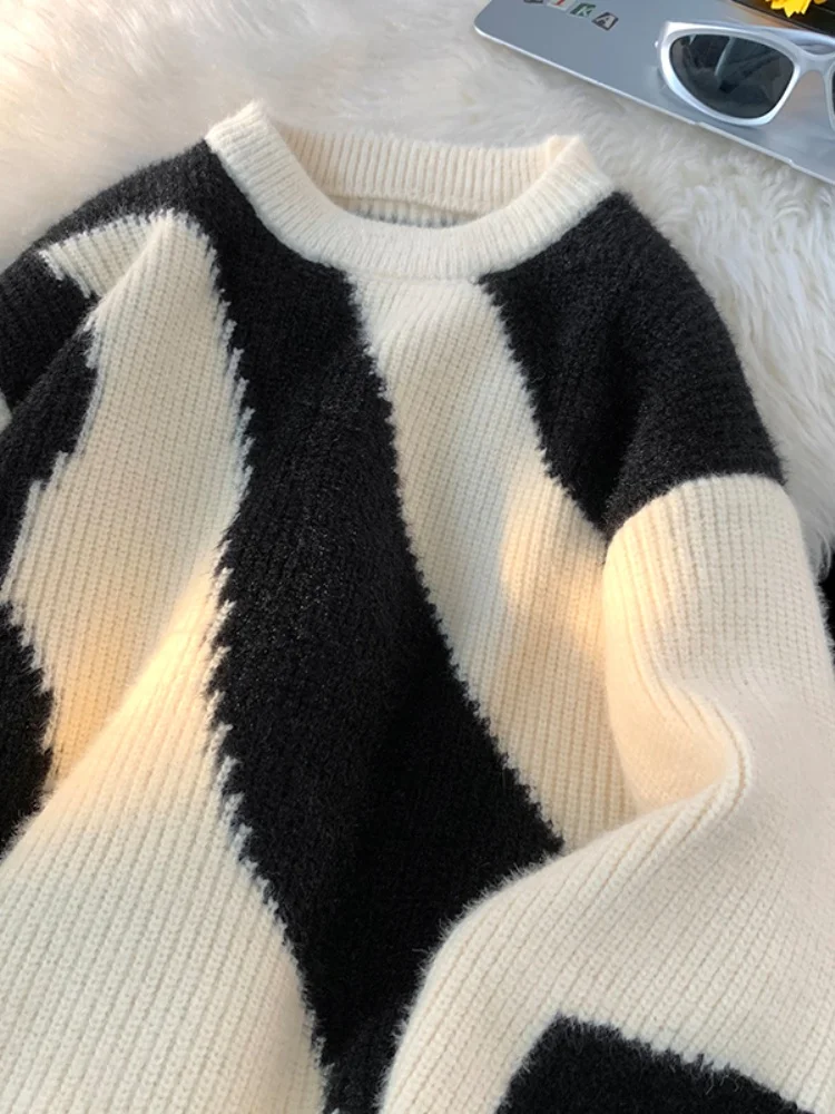 

Мужской осенне-зимний вязаный свитер в полоску с цветовыми блоками, свободного кроя, с круглым вырезом, базовый слой, удобный, повседневный, в американском стиле