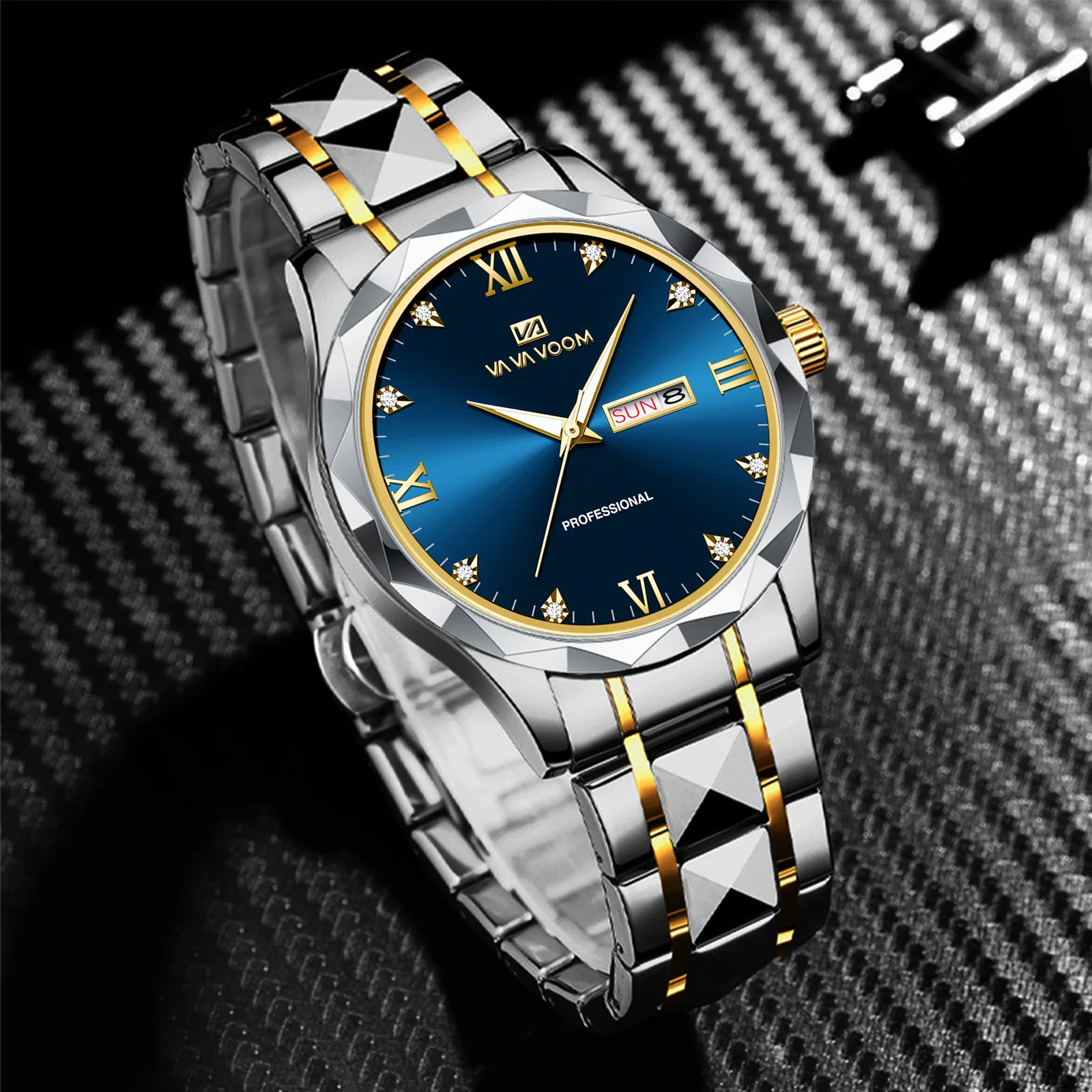 حجر الراين الفاخرة الرجال ووتش التصميم الأصلي برشام الفولاذ المقاوم للصدأ حركة الكوارتز الذهب الأزرق مضيئة التقويم الأعمال ووتش الرجال