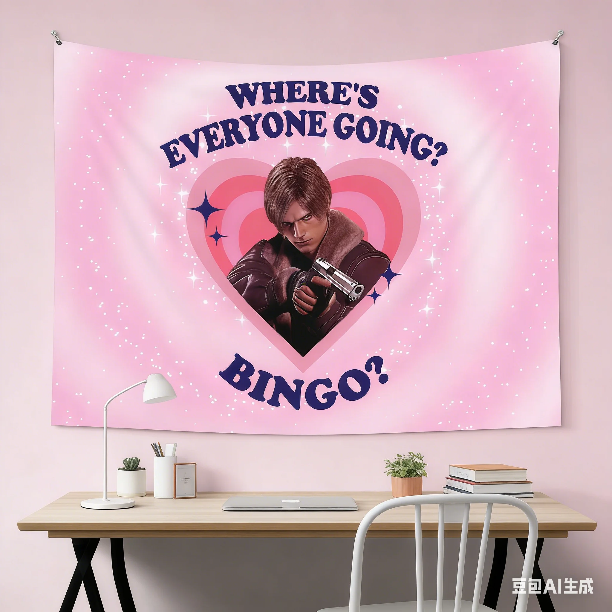 1 Stück Rosa Resident Evil Leon Wandteppich 2D Polyester Wandkunst Meme-Dekoration für Schlafzimmer Studentenwohnheim Horror-Spiel Fan Geschenk