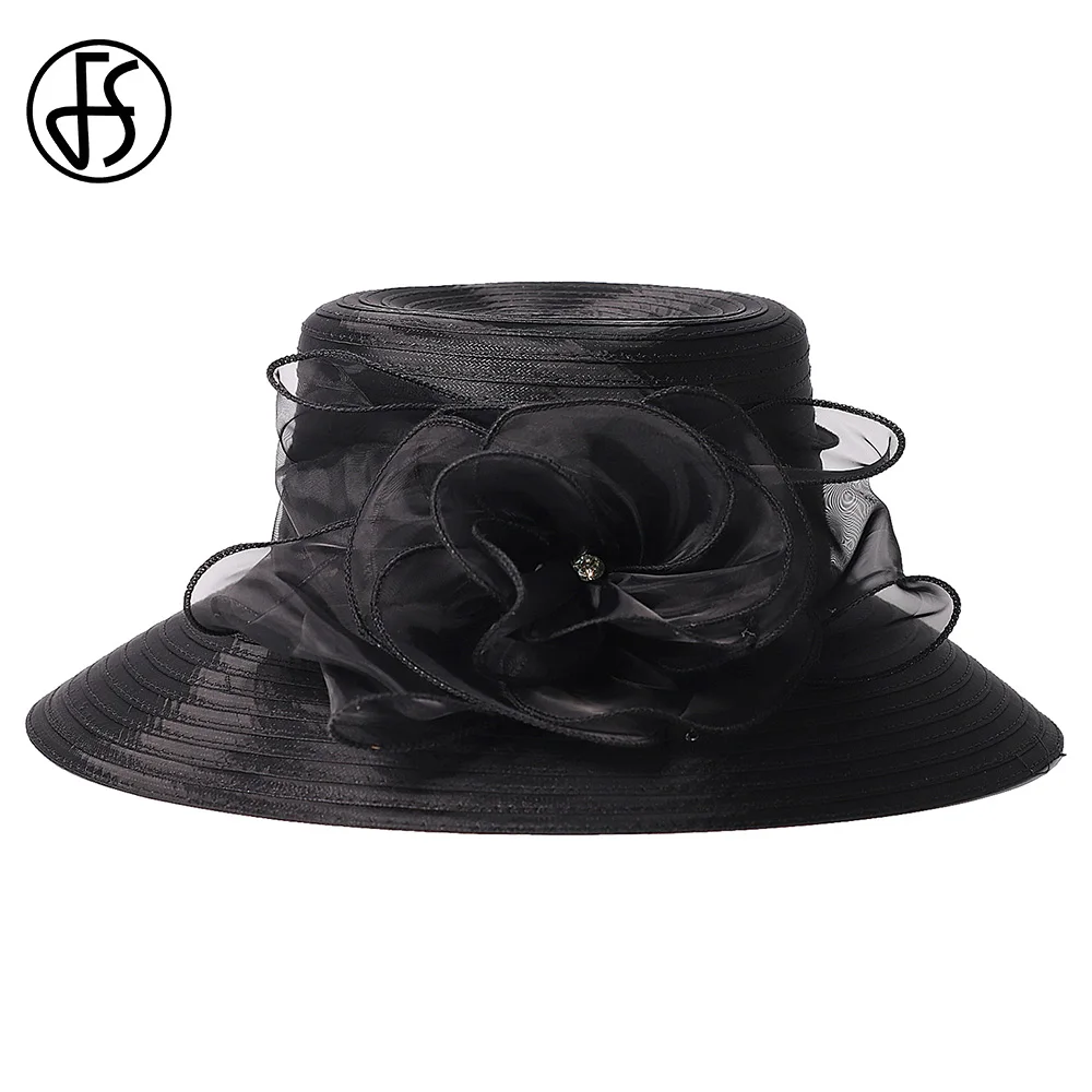 FS Outdoor Female Wide Brim Sun Hats For Women Floppy Beach Cap Ladies Elegant Flower Wedding Bride Church Fedoras 2024 New