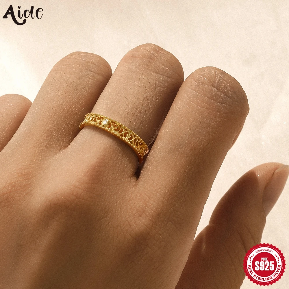 Aide 100% Plata 925 Sterling Silver Retro Stackable Rings for Women Pattern Hollow Lace Finger Ring Birthday Gift Fine Jewelry