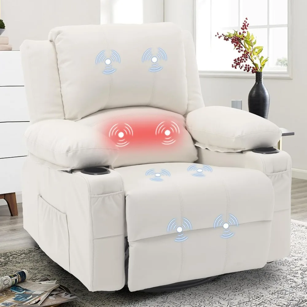 

Massage Swivel Rocker Recliner with Lumbar Heat, Overstuffed Faux Leather Recliners for Living Room, Modern Single Sofa Rocking