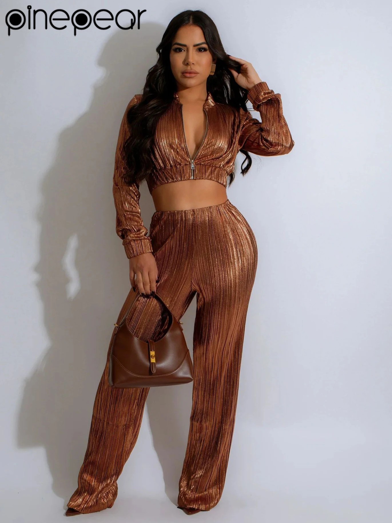 

PinePear 2025 Fall Winter Women Sparkly Long Sleeve Zipper Up Crop Top and High Waisted Wide Leg Pants Two Piece Set Outfits